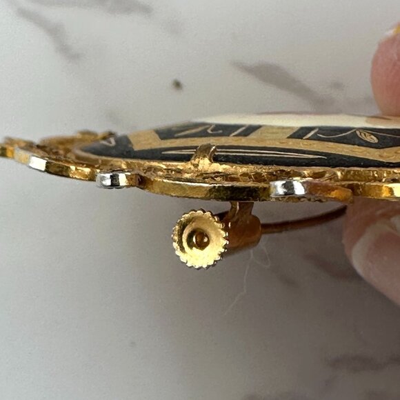 Vintage Filigree Damascene Guilloche Rose Brooch With Yellow & Red Floral Design - Picture 7 of 10